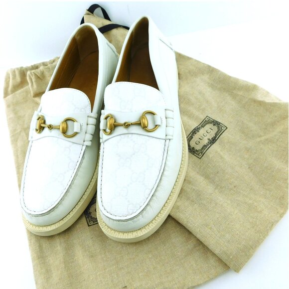 GUCCI GG Logo Monogram White Leather Signature Horse Bit Slip-on Boat Shoes 8 UK - Picture 4 of 11